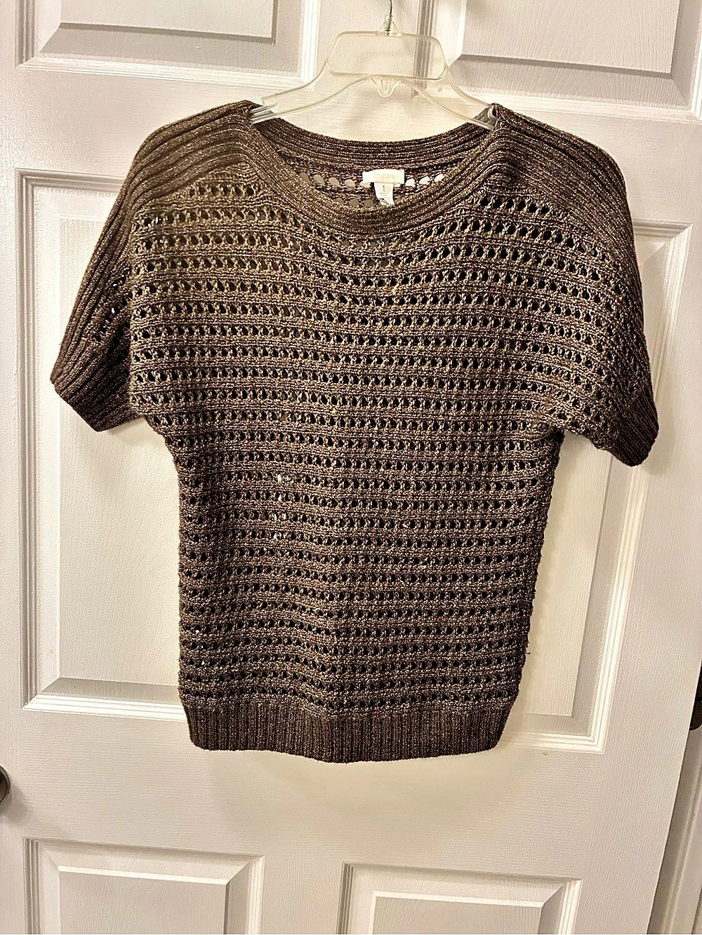 CHICOS Open Knit Short Sleeve Top in Brown Size 1